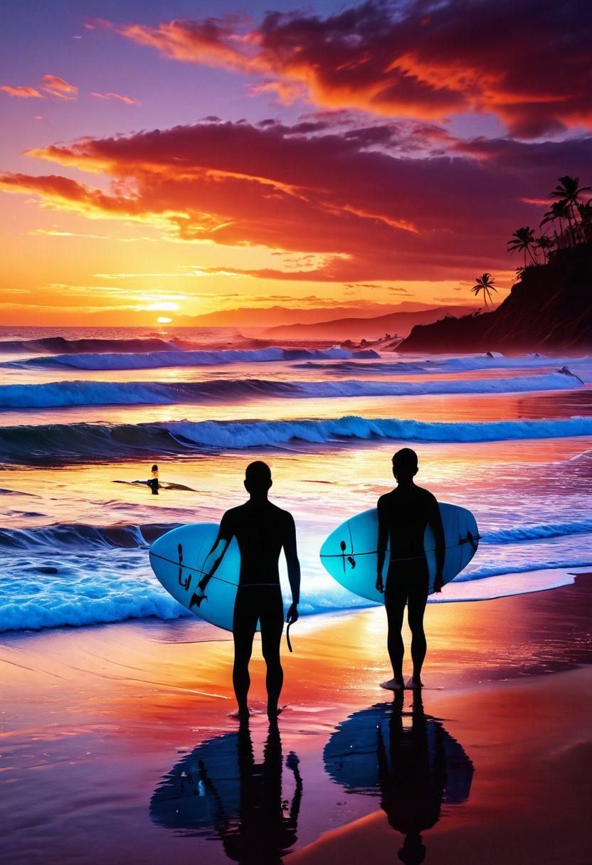 A futuristic beach scene showcasing surfers wearing high-tech swimwear equipped with sensors and LED lights. Waves crashing in the background, highlighting the blend of nature and technology. A vibrant sunset casts a warm glow, while beachgoers admire the innovative designs. The mood is energetic and adventurous, reflecting the spirit of modern surfing. super-realistic. vibrant colors. 3D.